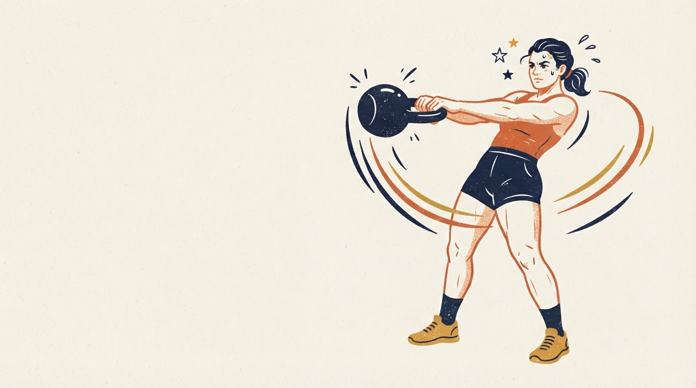 Illustrated athlete swinging a kettlebell